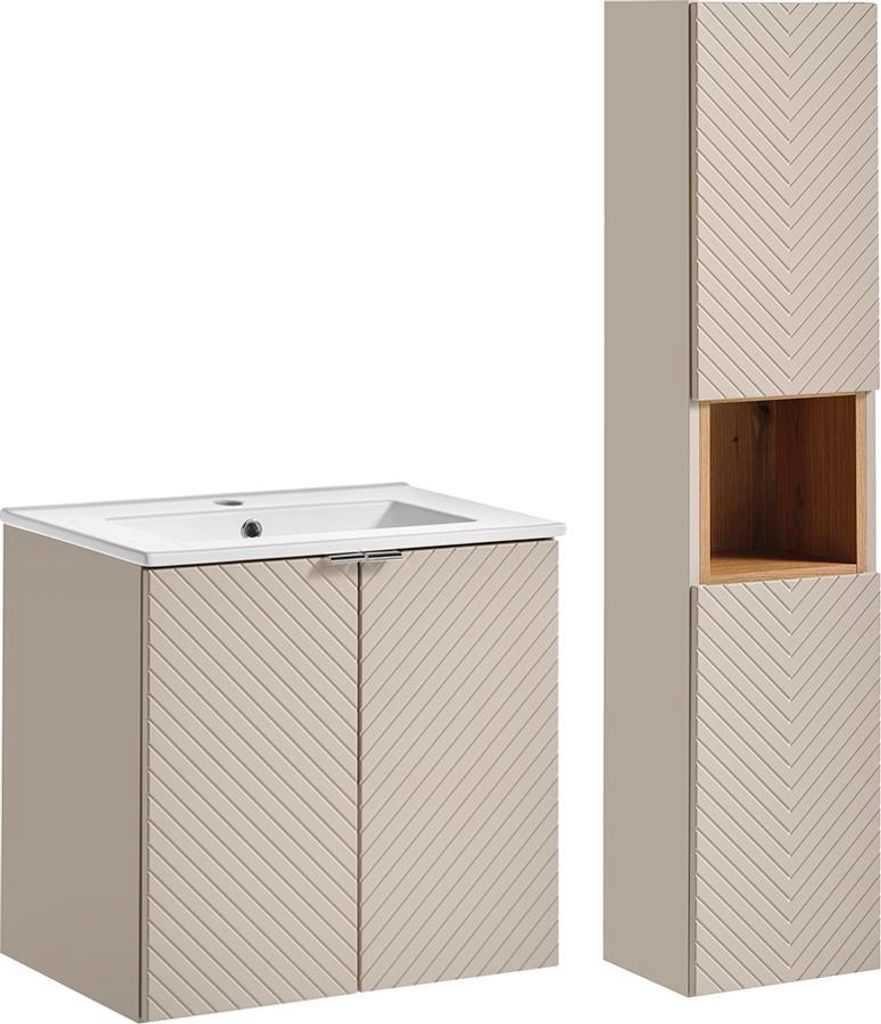 Waschtisch und Hängesäule 60cm Manoa, Kaschmir - Holzoptik
