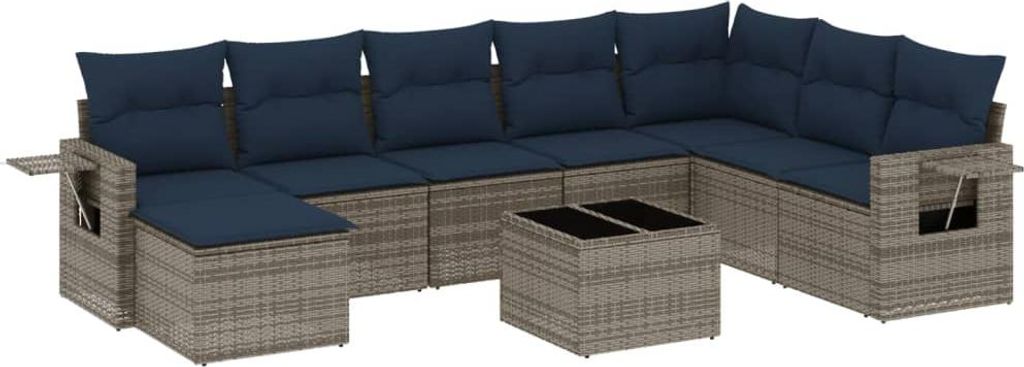 9-teiliges Gartensofa-Set mit Kissen, grau, Polyrattan