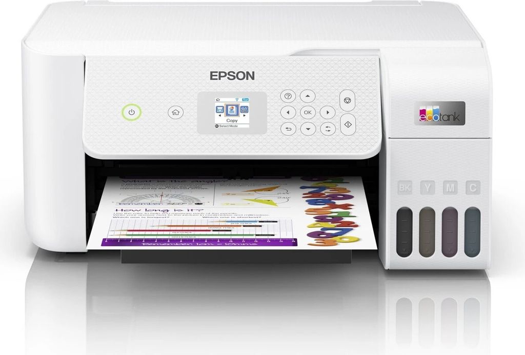 A white Epson printer is shown from the front, printing a document.