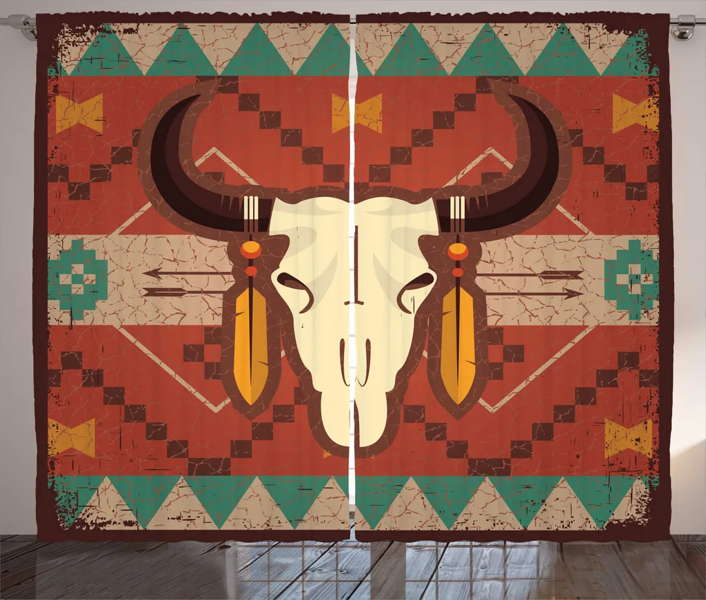 ABAKUHAUS Tenda rustica Longhorn, testa di toro, tende universali per soggiorno con passanti e ganci, 280 x 245 cm, multicolore - 1