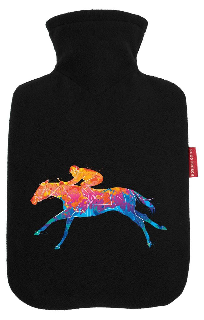 Huuraa Wärmflasche Pferderennen Jockey bunte Silhouette 1,8 Liter Black Classic Veloursbezug Bettflasche Geschenkidee