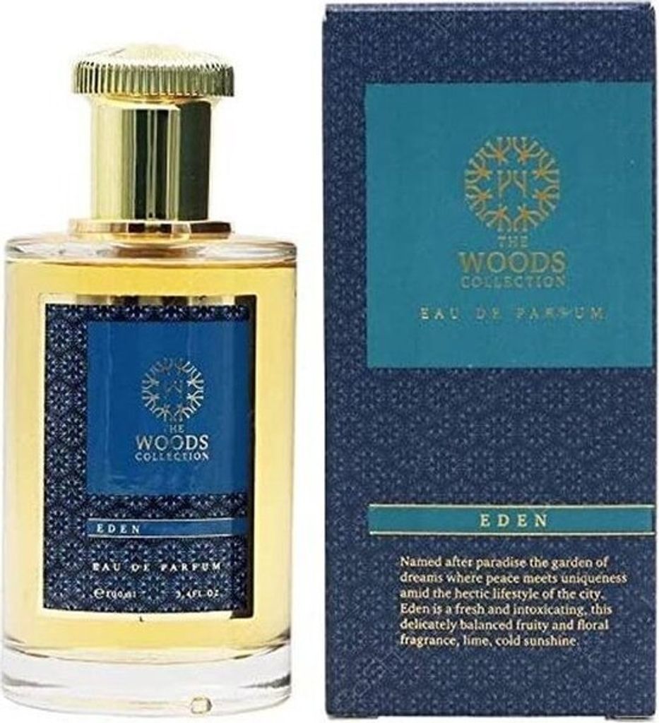A perfume bottle and its packaging are displayed side-by-side against a white background.