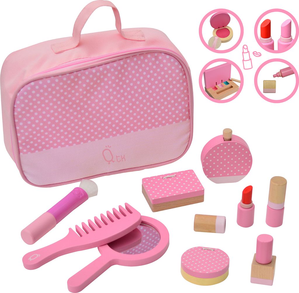 Teamson Kids Chloe Holz Reise-Eitelkeits-Set Make-up-Set Pretend Play Cosmetics mit Tasche & 9 Accessoires Fashion Polka Dot Print Pink TK-W00010