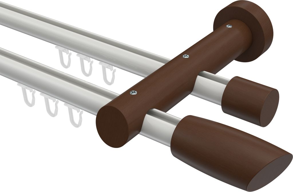 Interdeco Innenlaufstange / Gardinenstange mit Innenlauf Weiß / Nussbaum lackiert, Typ Talent Etta (Ellipse Schräge), 20 mm Ø 2-läufig, 220 cm