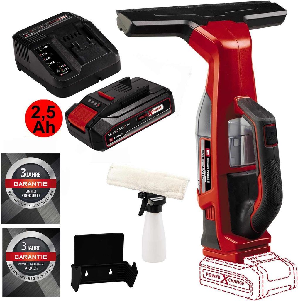 Einhell Akku-Fensterreiniger BRILLIANTO Power X-Change (18 V, 28 cm lange Saugdüse, streifenfreie Reinigung, inkl. Sprühflasche mit Mikrofasertuc...