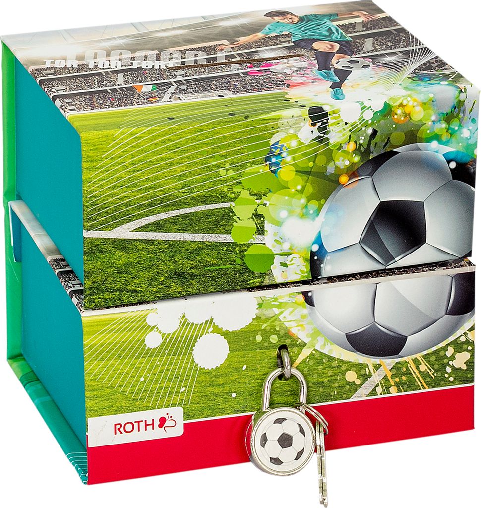 ROTH Spardose - Fußball-Star mit zwei Fächern - Magnet, Schloss und Schlüssel, Sparbüchse aus Pappe
