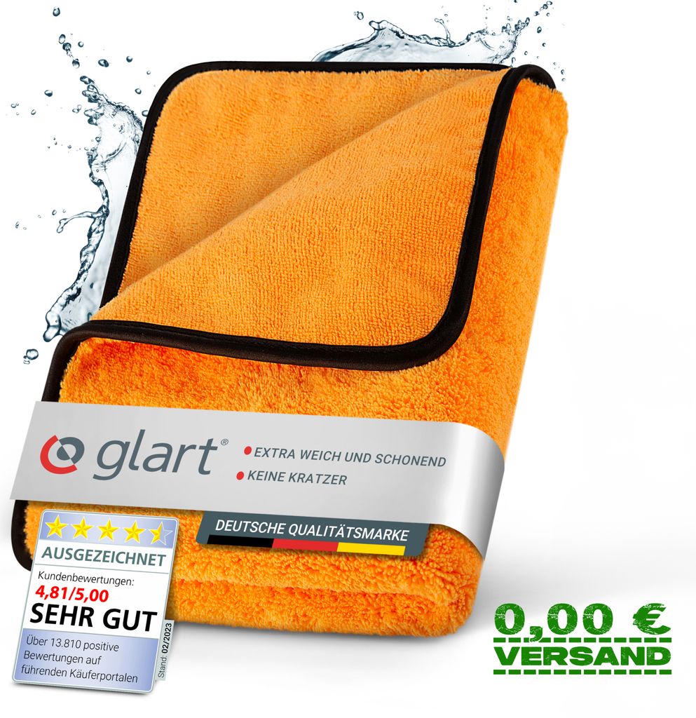 An orange microfiber cleaning cloth with promotional text and graphics.