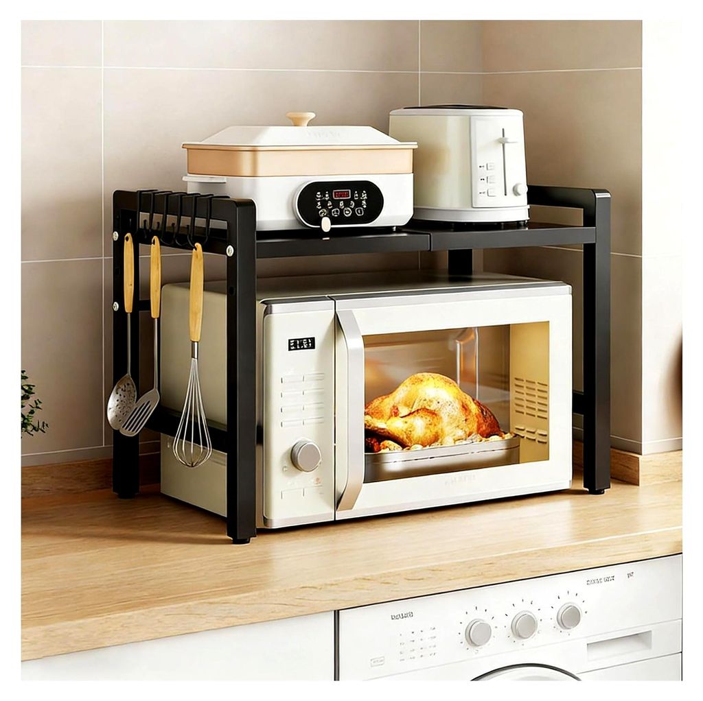 Verstellbares Mikrowellenregal 2-stufig, Regal über Mikrowelle, Küchenregal für Arbeitsplatte, Schwarz, Ausziehbar 40-60 cm