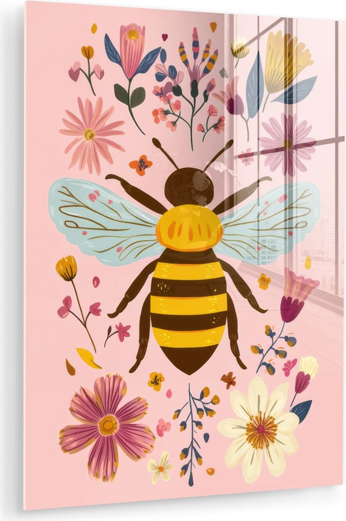 MuchoWow Glasbilder - Bilder auf Wandbild - Foto auf Glas Biene - Gelb - Blumen - Farbenfroh 60x80 cm Wanddekoration aus Glas - Acrylglasbild - Acr...