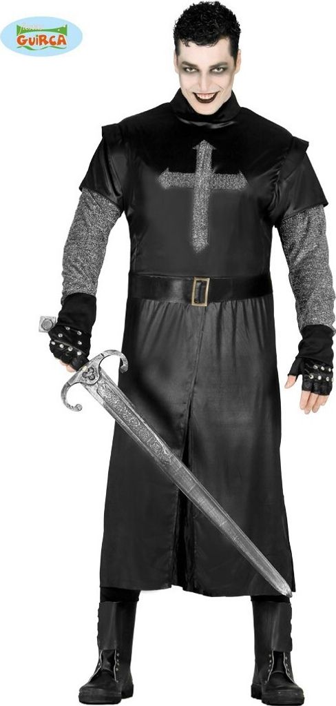 A man wearing a black knight costume, holding a sword.