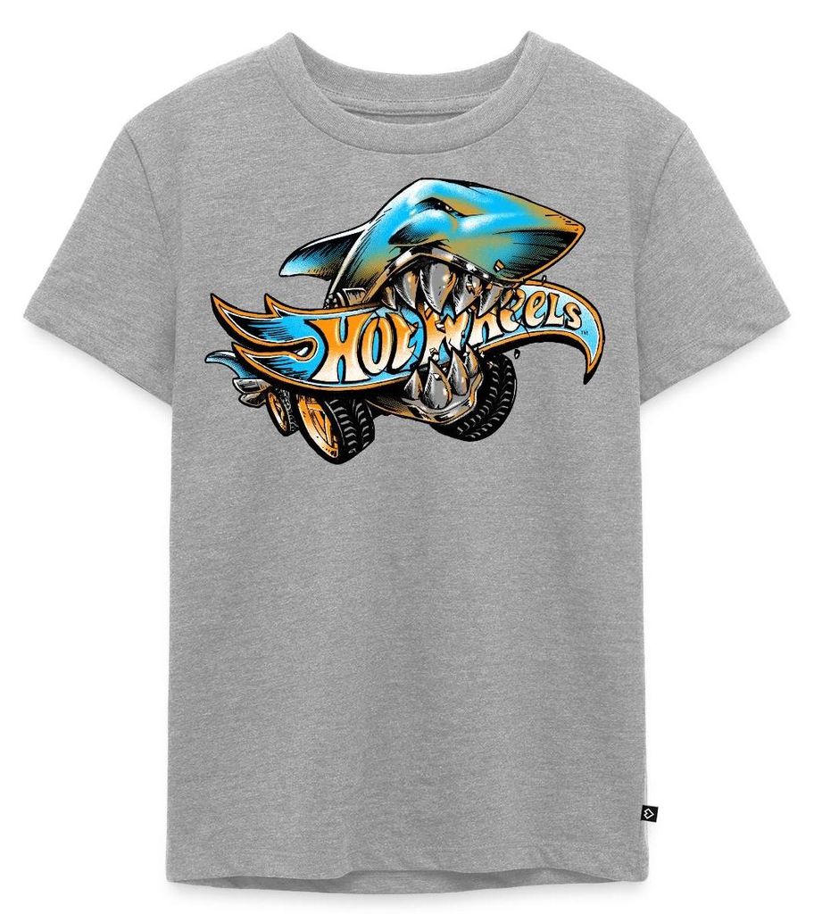 Spreadshirt Hot Wheels Logo Mit Hai Kinder Premium T-Shirt, 110/116 (4 Jahre), Grau meliert