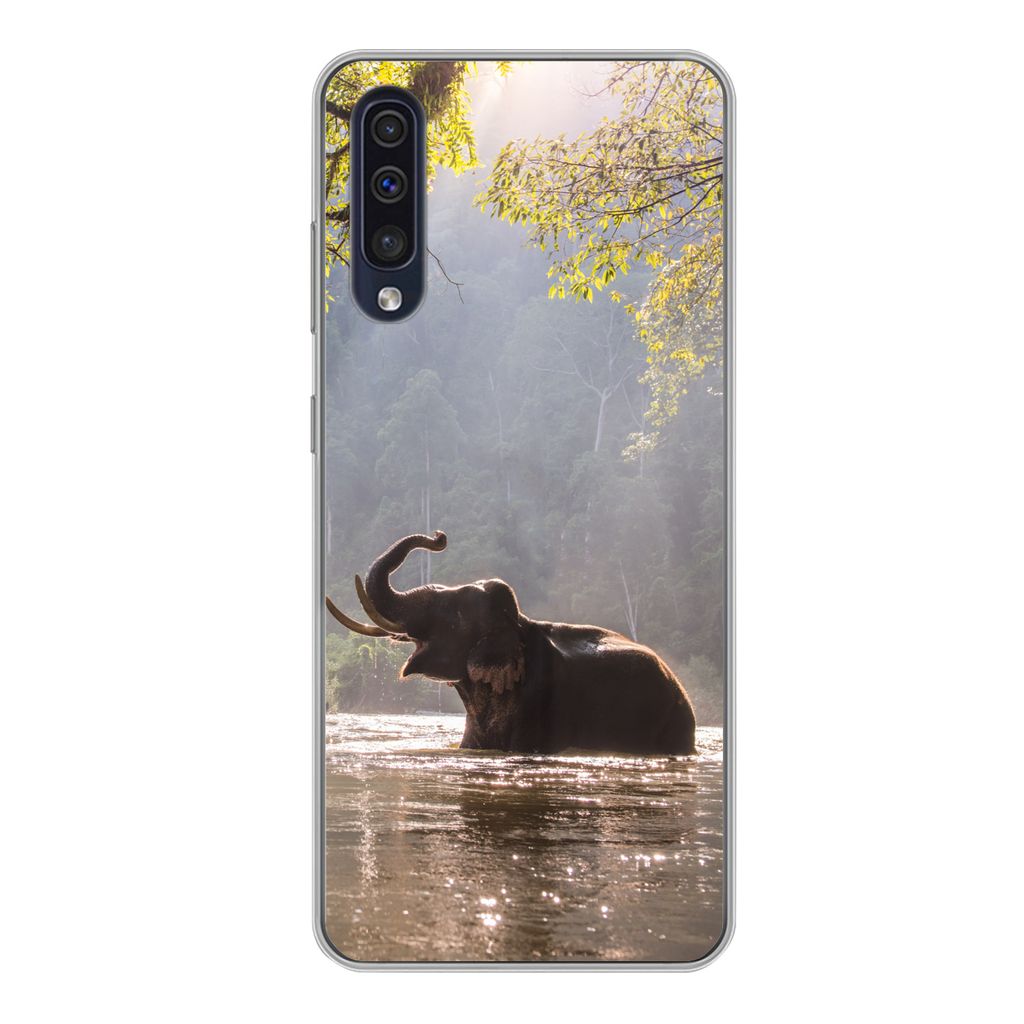MuchoWow Handyhülle Schutzhülle Hülle für Samsung Galaxy A50 Elefant - Wasser - Tiere - Bäume - Sonne Silikon Softcase Handy Hülle - Mobilt...