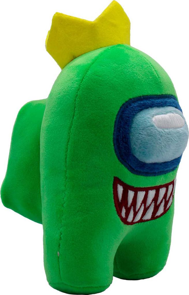 A plush toy of a green Among Us character wearing a yellow crown.
