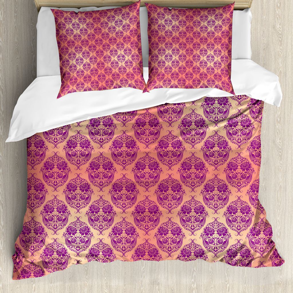 ABAKUHAUS Damast Bettbezug, Blumen Roses Französisch, Milbensicher Allergiker geeignet mit Kissenbezügen, 200 cm x 200 cm - 80 x 80 cm, lila Salmon