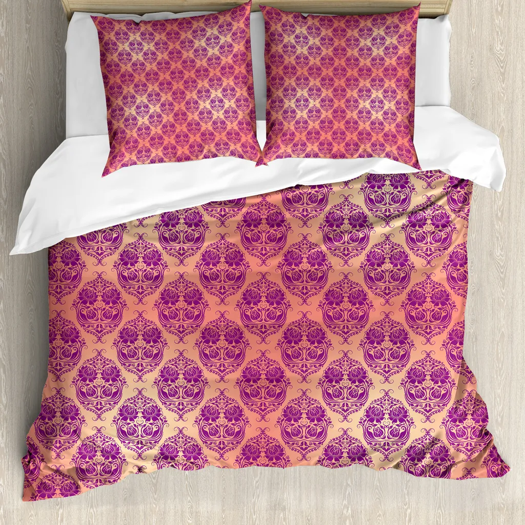 ABAKUHAUS Copripiumino in damasco, fiori Roses French, antiacaro, adatto a chi soffre di allergie, con federe, 155 cm x 220 cm - 80 x 80 cm, lilla salmone