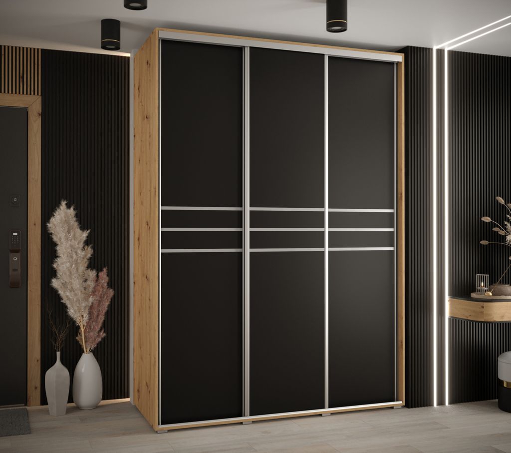 Kleiderschrank YVONA 10 - 180/60 cm, Eiche handwerklich / schwarz / silber