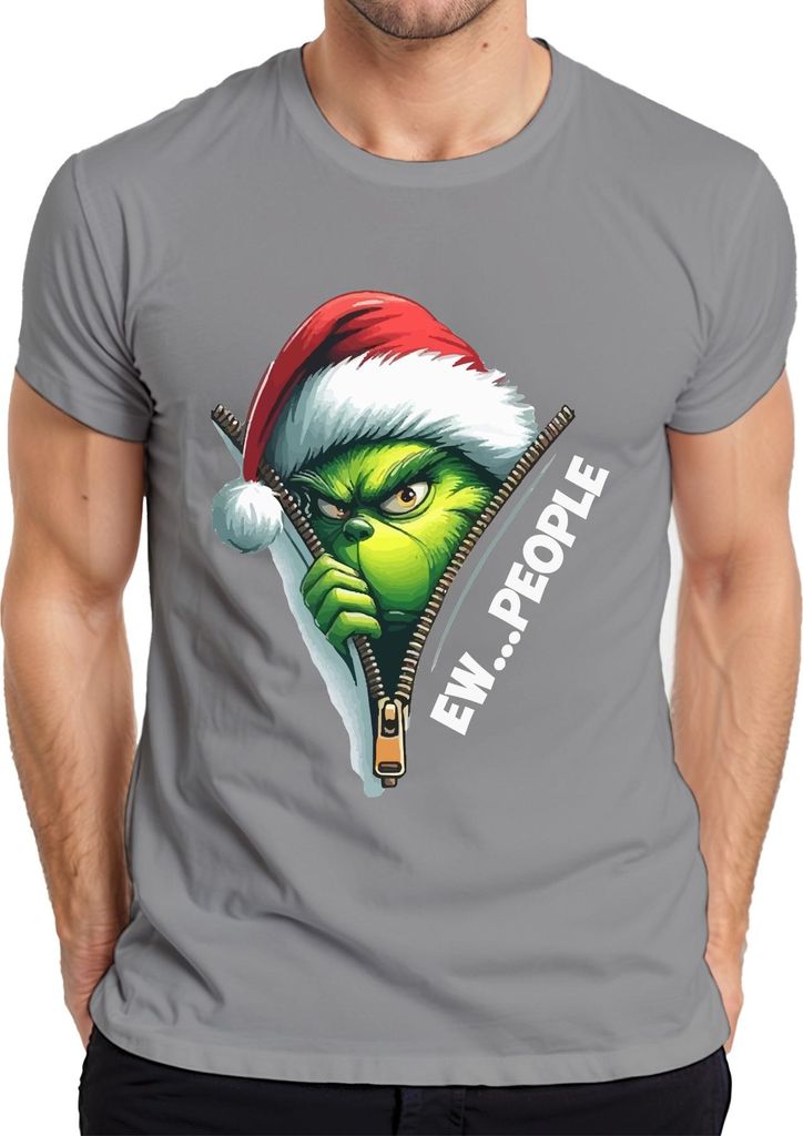 EW PEOPLE Grinch Santa Reißverschluss Weihnachten lustig Herren T-Shirt, Grau, XXL