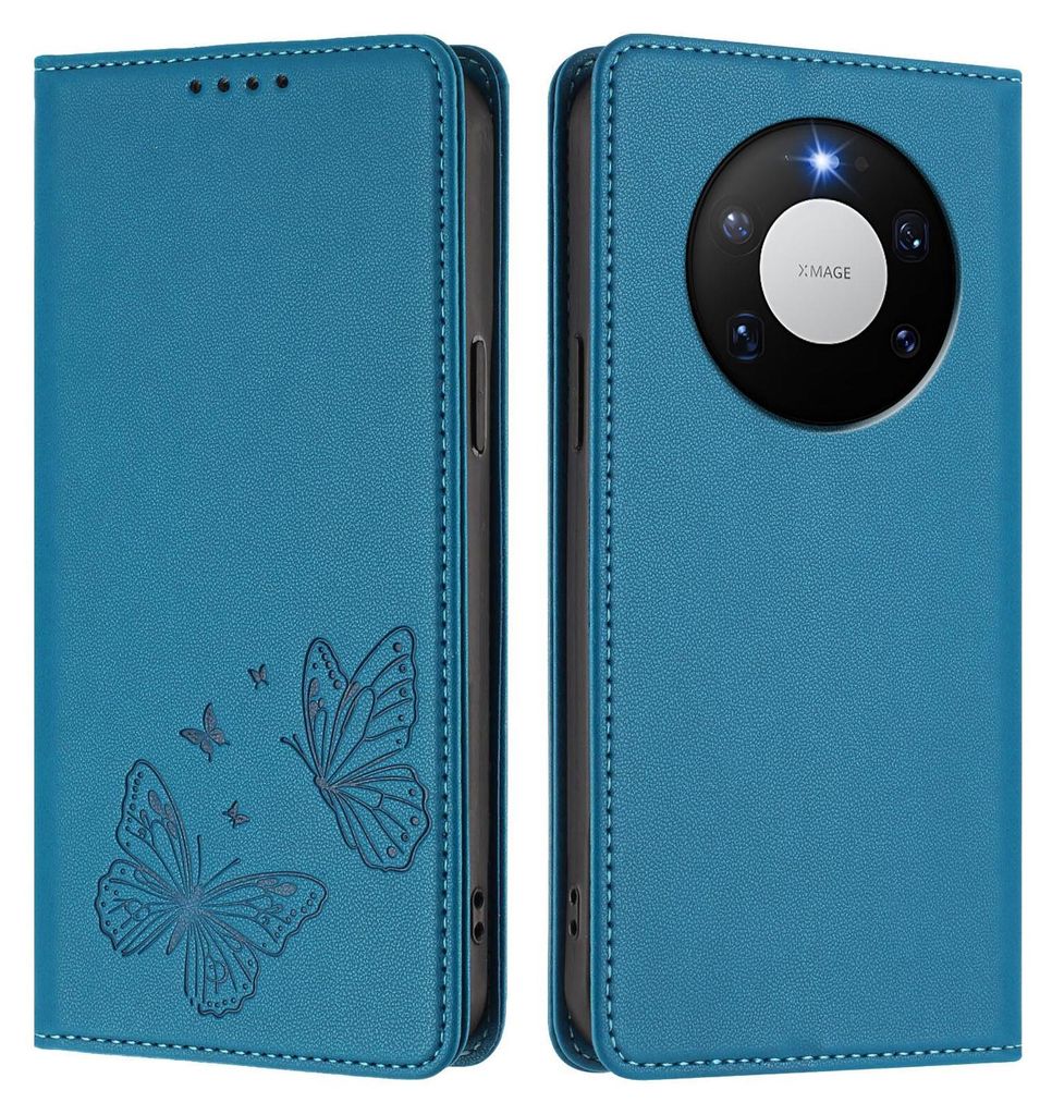 Lederhülle für Huawei Mate 80 Pro Max, Schmetterling Prägung Leder Brieftasche Schutzhülle mit Ständer Blau