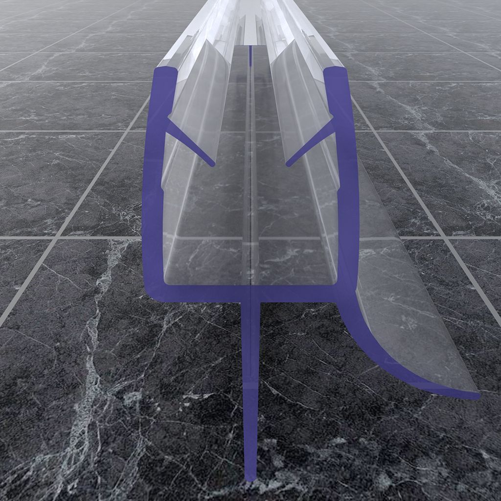 A close-up, angled view of a clear plastic shower door seal with purple accents, resting on a dark, tiled floor.