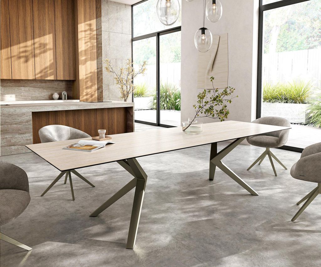 DELIFE Esstisch Edge 300x100 Keramik Laminam Travertino Bianco Creme-Weiß Zenthara kantig Metall Effektfinish Titan