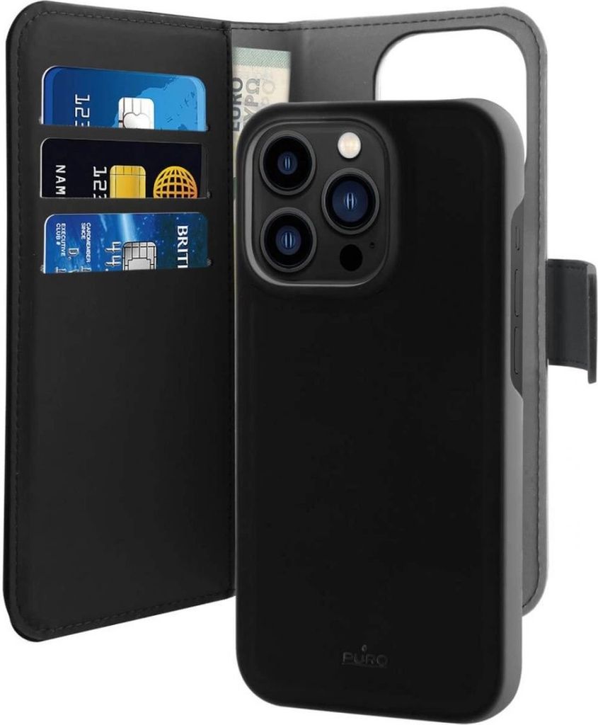 Puro Wallet MagSafe 2in1 Kunstleder Flip Case mit Geldbörse für iPhone 14 Pro - Schwarz