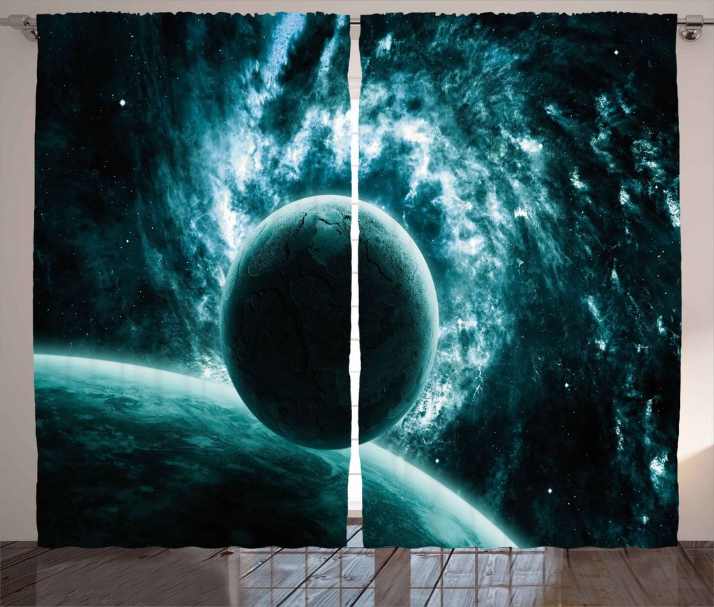 ABAKUHAUS Platz Rustikaler Gardine, Sonnensystem Stern-Landschaft, Schlafzimmer Kräuselband Vorhang mit Schlaufen und Haken, 280 x 245 cm, Teal