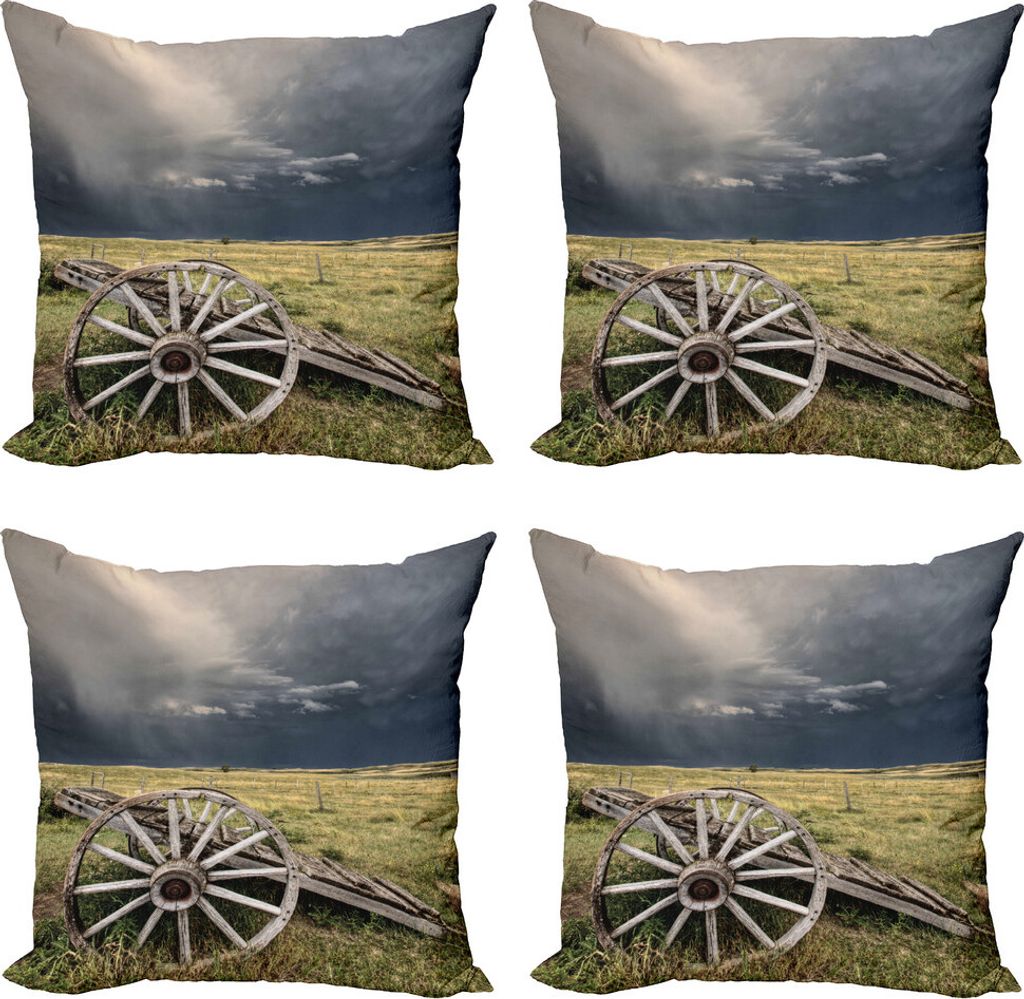 ABAKUHAUS Stall-Holz-Wagon Wheel Kissenbezug Set (4 Stück), Wagen Wolken, Moderner Doppelseitiger Digitaldruck, 60 cm x 60 cm, Umber Grün Dunkelblau