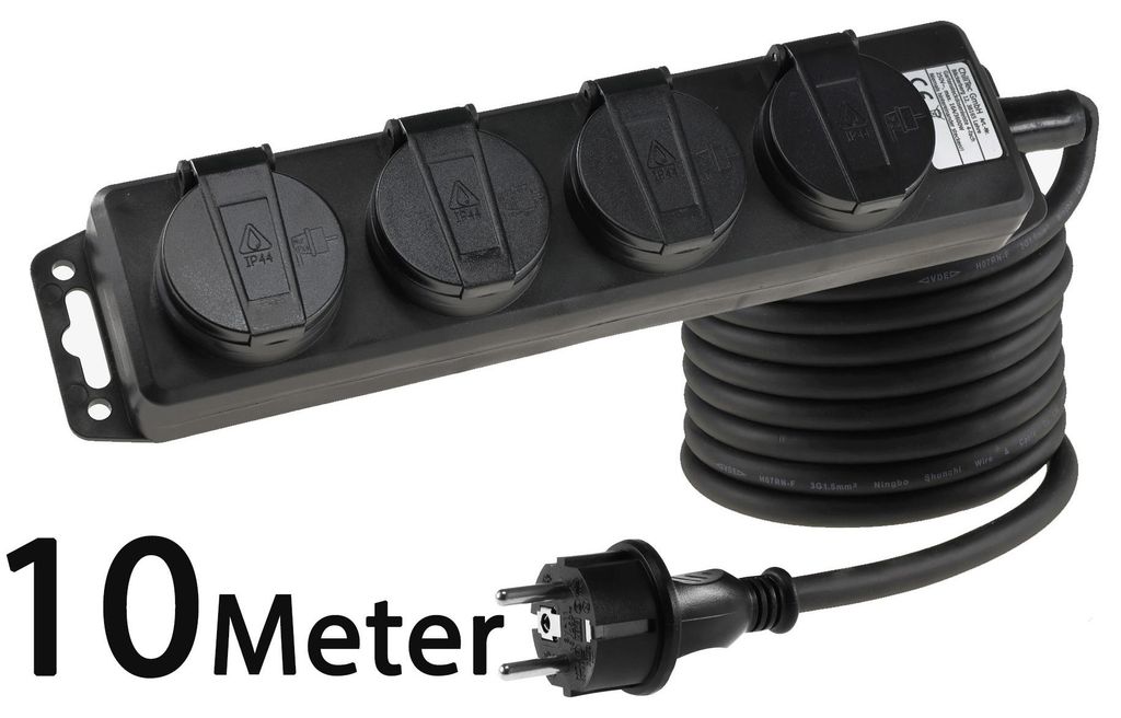 4-Fach Steckdosenleiste Aussensteckdose mit 4 Schutzkontaktsteckdosen Klappdeckel 10m Kabel IP44 Mehrfachsteckdose für den Innen- & Außenbereich ...