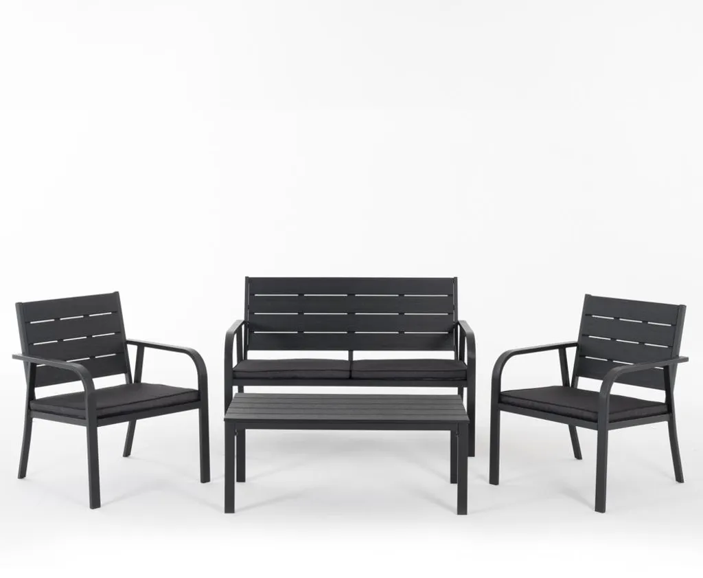 Salon de Terrasse en Métal et Polyéthylène MATERA Noir Effet Bois Chic