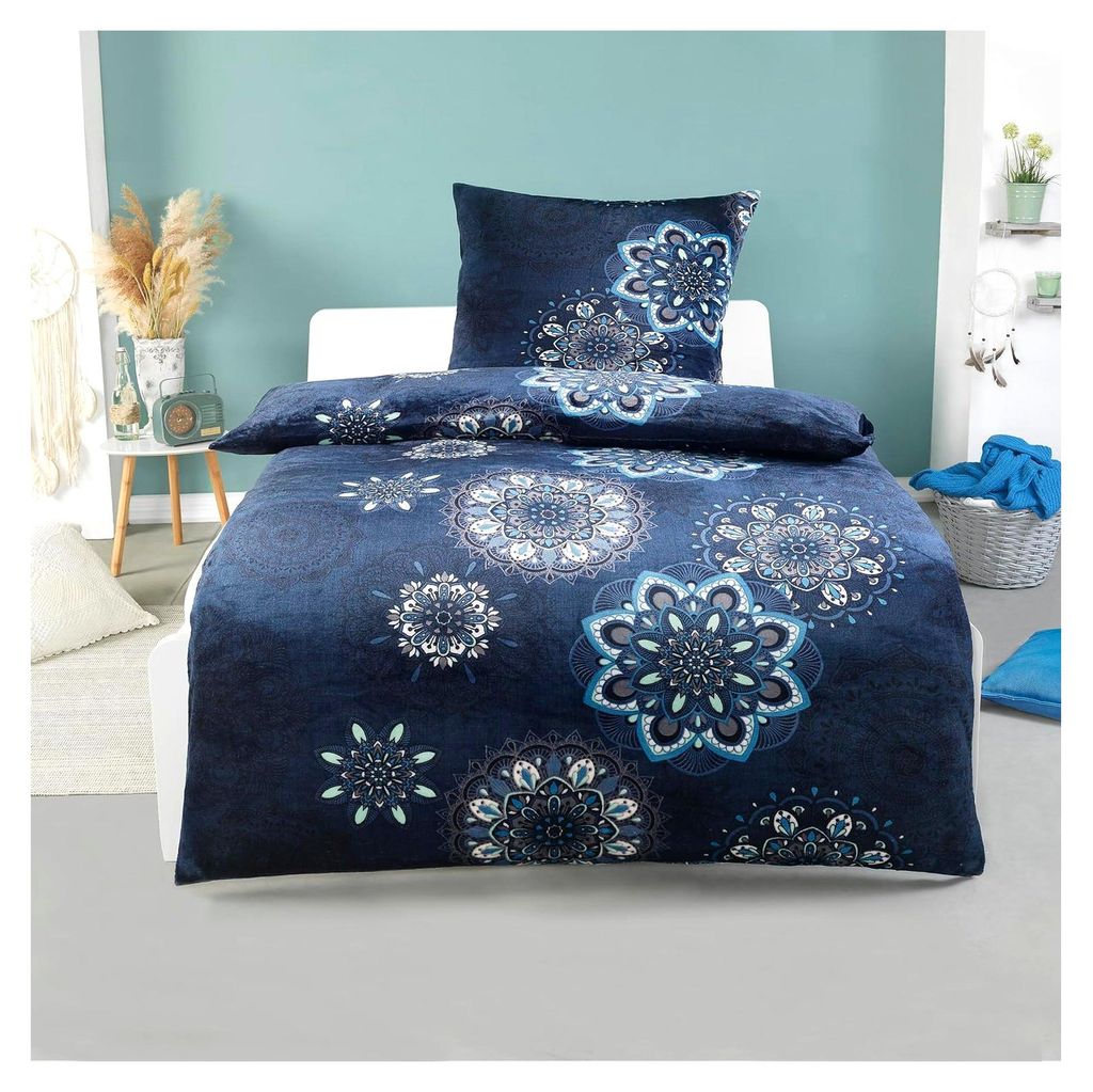 Winter Plüsch Cashmere Touch Bettwäsche Set Nicky Teddy Flausch | 135x200 Bettbezug + 80x80 Kissenbezug | Design: Mandala Blau