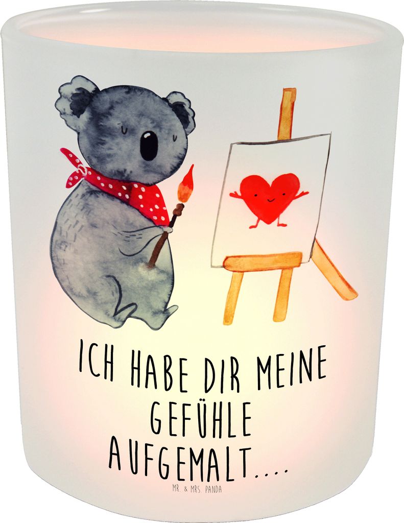 Mr. & Mrs. Panda Kerzenhalter Koala Künstler - Transparent - Geschenk, Teelicht Glas, Teelichthalter, Windlicht aus, Liebe, Gefühle, Zeichnen, Li...