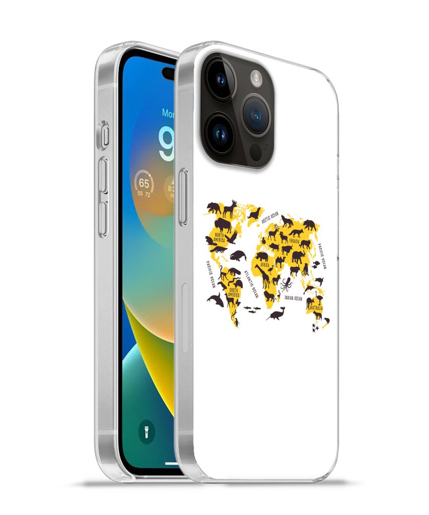 MuchoWow Handyhülle Schutzhülle Hülle für Apple iPhone 14 Pro Max Weltkarte - Tiere - Gelb Silikon Softcase Handy Hülle - Hardcover
