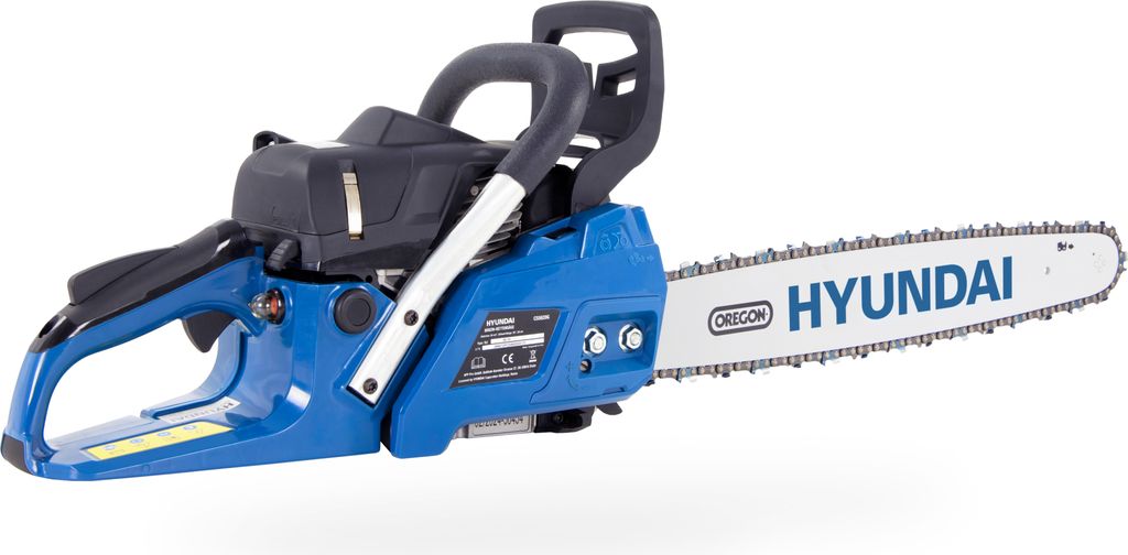 A blue and black chainsaw with a silver chain and bar, set against a white background.
