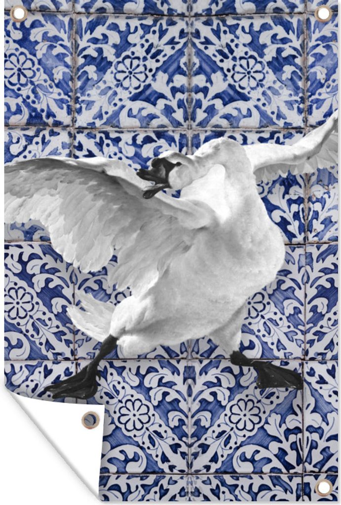 MuchoWow 80x120 cm Outdoor-Poster Gartendeko Sichtschutz Garten Poster für den Garten Schwan - Kunst - Delfter Blau - Malerei - Alte Meister