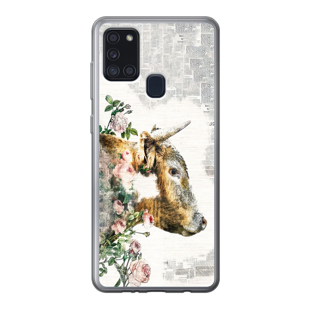 MuchoWow Handyhülle Schutzhülle Hülle für Samsung Galaxy A21s Schottischer Highlander - Farbe - Blumen Silikon Softcase Handy Hülle - Hartsc...