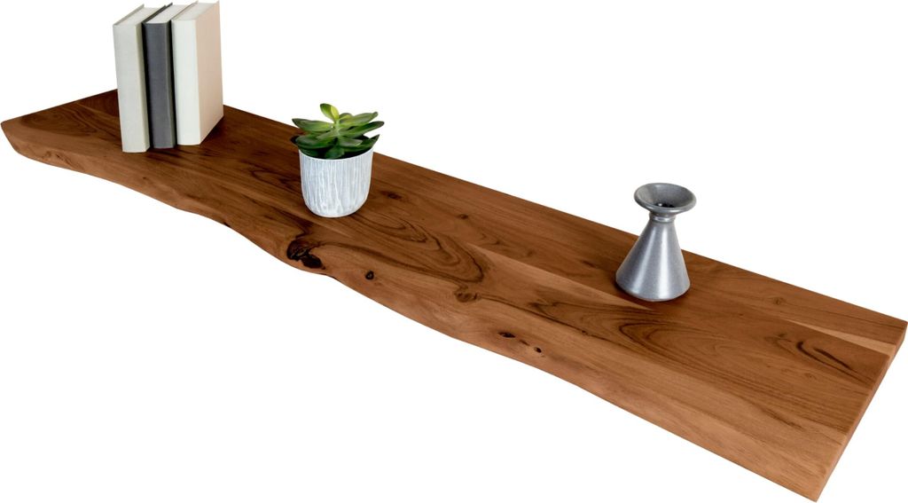 Holzplatte 120x30 cm SUVA, Holzbrett massiv nussbaumfarben, Baumkantenplatte für Heimwerker, Regale und Fensterbretter, einseitig Baumkante