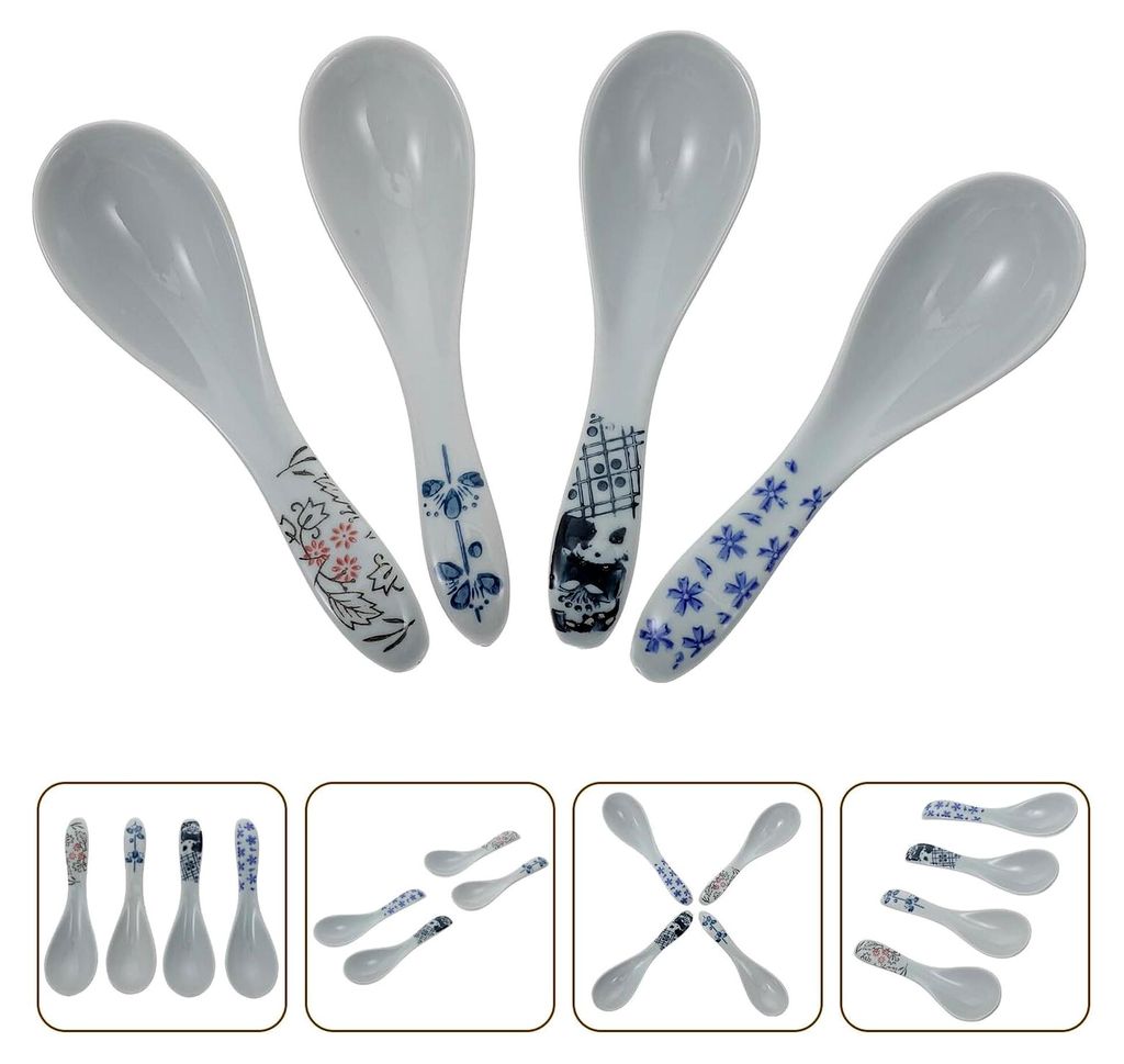 4-teiliges Set Keramik Esslöffel mit kurzen Griffen, vielseitig einsetzbar für Suppen, Reis, Porridge und Desserts, kompakt und dekorativ