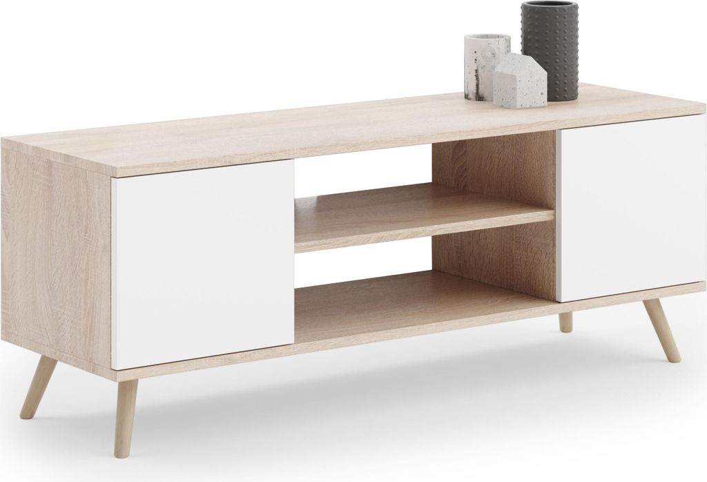 Skandinavischer TV-Schrank FOCUS 155 | Sonoma Eiche / Weiß | Laminatplatte 18 mm | Für TVs bis 65 Zoll | Mit leisen Schließsystem und Holzbeinen