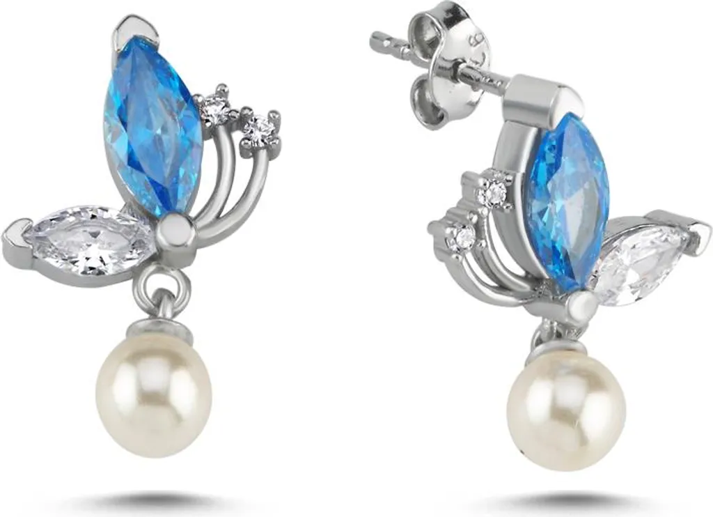 Boucles d'oreilles papillon argent 925 et perle bleue aigue-marine 8mm