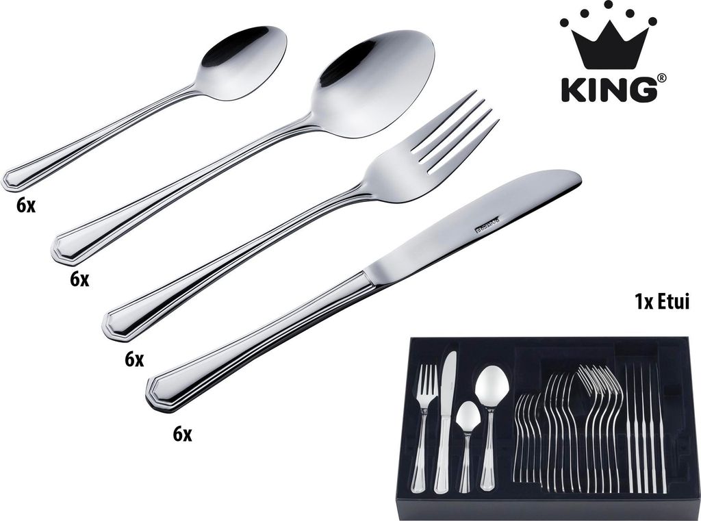 25tlg. KING Besteckset Düsseldorf im ETUI / Edelstahl 18/0 / Messerstahl / 6x Menülöffel, 6x Menügabel, 6x Menümesser, 6x Kaffeelöffel, 1x ...