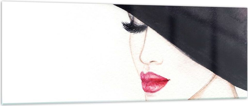 Bilder auf glas - Frau Lippen Hut Eleganz - 140x50cm - Glasbilder - Wandbilder - Kunstdruck - zum Aufhängen bereit - Wanddekoration aus Glas - Gla...