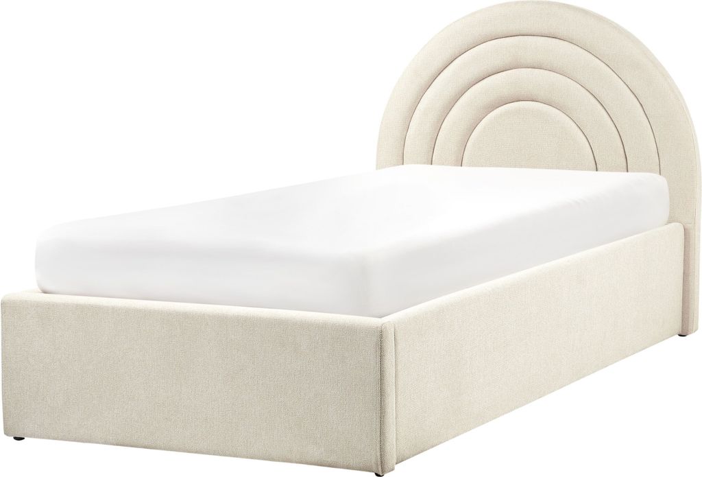 BELIANI Bett mit Bettkasten Beige Stoff Gepolstert Lattenrost 90 x 200 cm Hochklappbar Hohes Rundes Kopfteil Retro Schlafzimmer Möbel Ausstattung