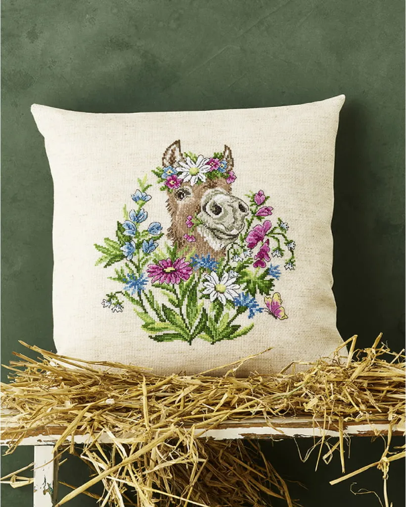 Kit broderie facile Permin Âne en fleurs avec toile Aida et fils triés