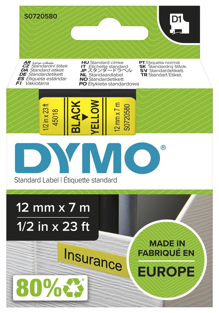 Dymo D1 Ruban 12 mm x 7 m noir sur jaune 45018 Image du produit 