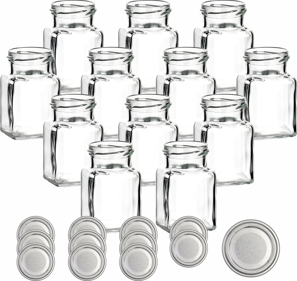 gouveo 12er Set Einmachgläser 150 ml eckig Schraubverschluss silberfarben - Kleine Vorratsgläser mit Deckel