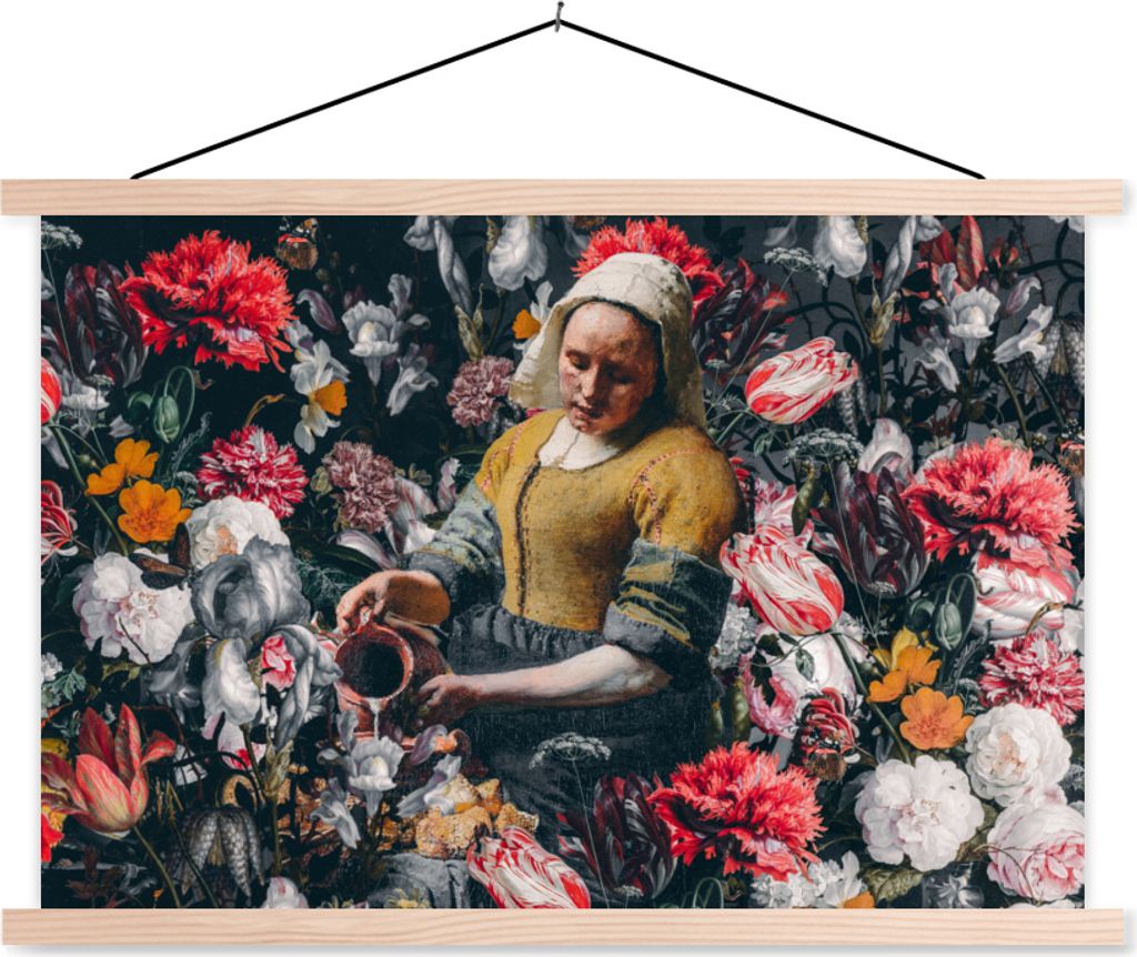 MuchoWow Textilposter Milchmädchen - Johannes Vermeer - Blumen 60x40 cm mit holzfarbenen Rahmen - Bilder