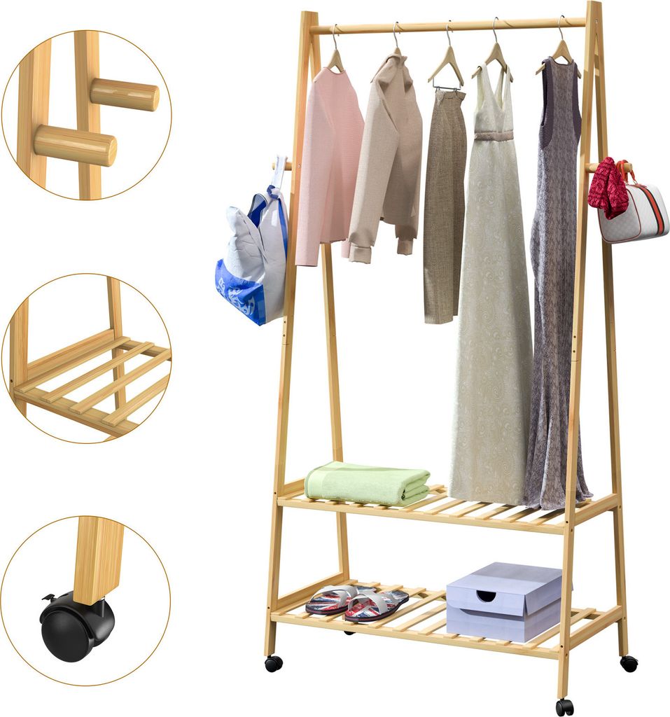 CASARIA® Wieszak na kółkach Drewniany stabilny bambusowy Zdjęcie produktu 3
