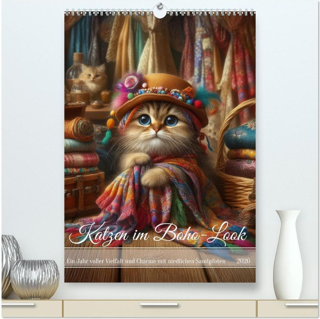 Katzen im Boho-Look - Ein Jahr voller Vielfalt und Charme mit niedlichen Samtpfoten (hochwertiger Premium Wandkalender 2026 DIN A2 hoch), Kunstdruc...
