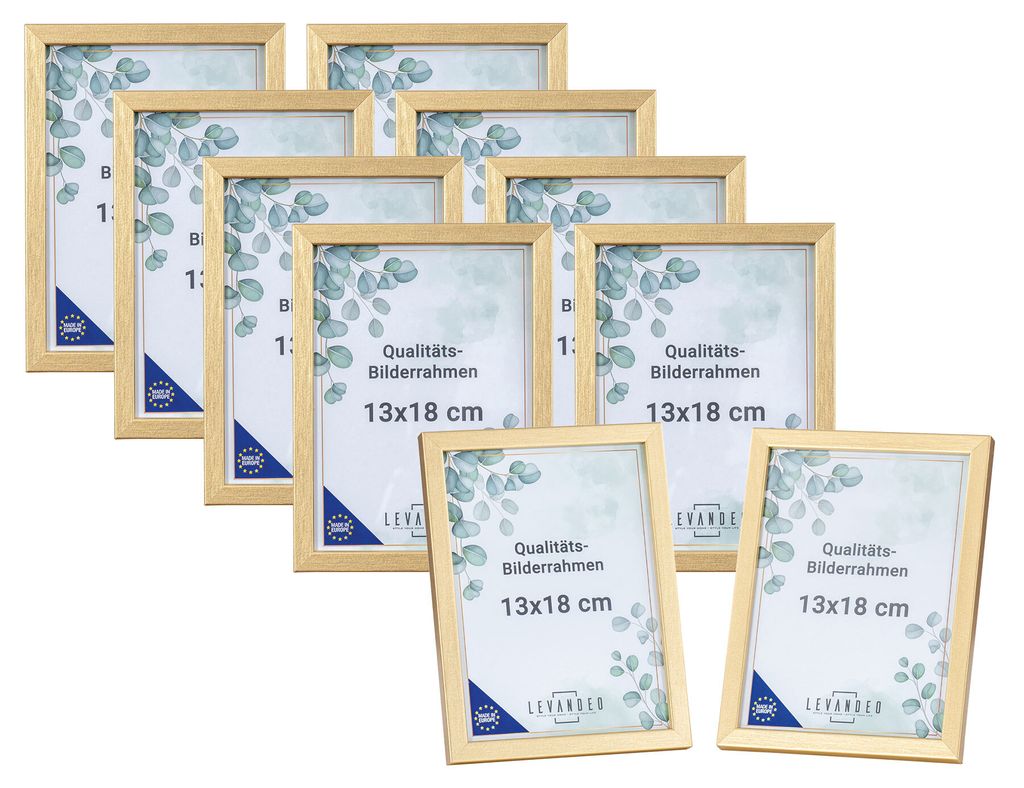 10 Stück Bilderrahmen Echtholz EU 13x18 Gold mit Glasscheibe Portrait Fotorahmen Set Holz Kiefernholz Picture Frame