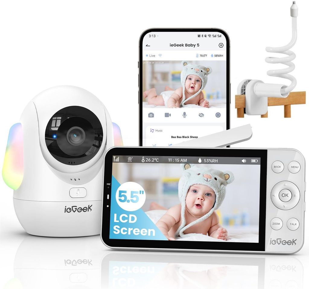ieGeek Babyphone mit Kamera 2,5K/4MP, 5,5 Zoll WLAN Video babyfone (unterstützt 2,4 GHz und 5 GHz) PTZ 360° Intelligentes Nachtlicht mit Halterung